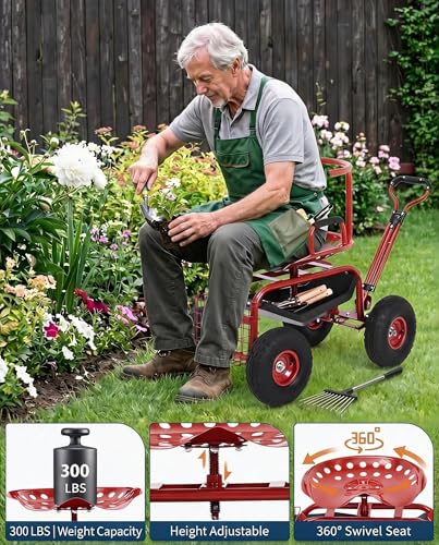 Garvee Heavy Duty Garden Cart, Garden Scooter Rolling Work Seat - color: Red With Back