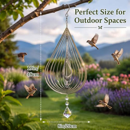 4 PCS 19" 3D Hanging Wind Spinners Water Droplets Stainless Steel Double Sided Hanging Decor for Outdoor and Gardens, Bird Devices Deterrent to Scare Birds Away from Yard Patio Farm