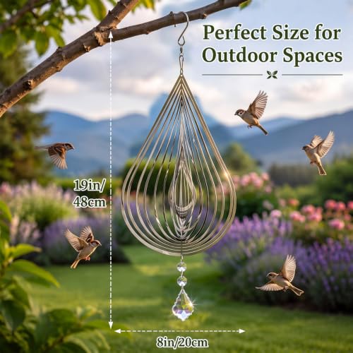 4 PCS 19" 3D Hanging Wind Spinners Water Droplets Stainless Steel Double Sided Hanging Decor for Outdoor and Gardens, Bird Devices Deterrent to Scare Birds Away from Yard Patio Farm