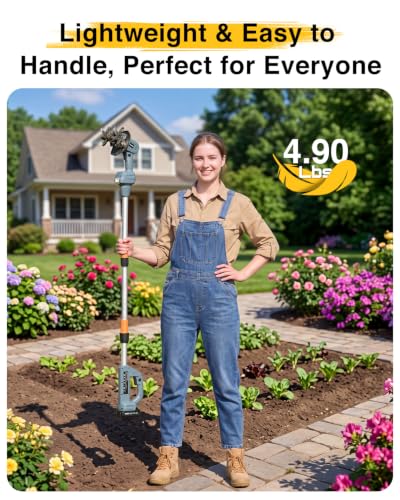 2-in-1 Cordless Tiller Cultivator, 20V Electric Rototiller with Detachable Extension Pole, 2×2.0Ah Battery, Lightweight 4.9 lbs Garden Tiller, 300 RPM for Raised Beds, Lawn, Weeding & Soil Cultivation - size: 4''x4''