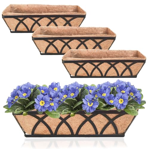 Flat Railing Planter Window Box 4 Pack 24" Horse Trough Planter with Coco Fiber Liner Metal Window Planter Box Deck Balcony Rail Planter for Outdoor Porch Fence Patio