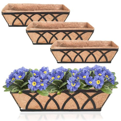 Flat Railing Planter Window Box 4 Pack 24" Horse Trough Planter with Coco Fiber Liner Metal Window Planter Box Deck Balcony Rail Planter for Outdoor Porch Fence Patio
