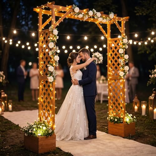 VINGLI Wooden Garden Arbor with Planter, Wedding Arch for Ceremony, Wood Garden Arbour Trellis for Plant Climbing, Pergola for Garden Backyard, Lawn, Outdoor (Golden Brown) - color: Golden Brown
