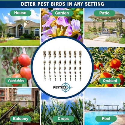 PESTEZE USA Bird Scare Reflective Rods Bird Deterrent Outdoor Scare Device for Birds Pigeons Crows Woodpeckers Sparrows Reflective Spinners Bird Repellent for Patio Garden Roof Balcony [8 Pack Silver]