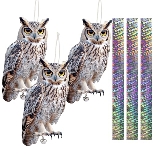 3PCS Garden Owl to Scare Pigeons Away Flat Paper Fake Owl to Keep Woodpecker Away from House Hanging Plastic Owl Pigeon Scare Devices with Reflective Tape for Outside Patio Window Roof Balcony - color: Light Grey 3pcs