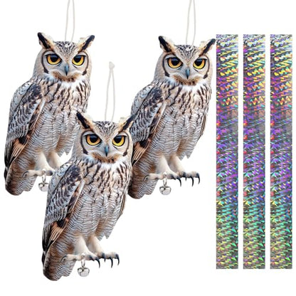 3PCS Garden Owl to Scare Pigeons Away Flat Paper Fake Owl to Keep Woodpecker Away from House Hanging Plastic Owl Pigeon Scare Devices with Reflective Tape for Outside Patio Window Roof Balcony - color: Light Grey 3pcs