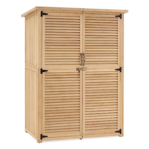 MCombo Outdoor Wooden Storage Cabinet, Garden Tool Shed with Latch, Outside Tools Wood Cabinet with Double Doors for Patio - color: Natural, size: Small