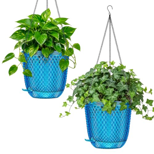 QCQHDU Self Watering Hanging Planter Flower Pots for Indoor Plants,7.2 Inch Hanging Planter Basket, Plastic Plant Hanger with Drainage Holes and 3 Hooks for Outdoor Window Garden Balcony, (Blue)2 Pack - color: Blue, size: 7.2"+7.2"