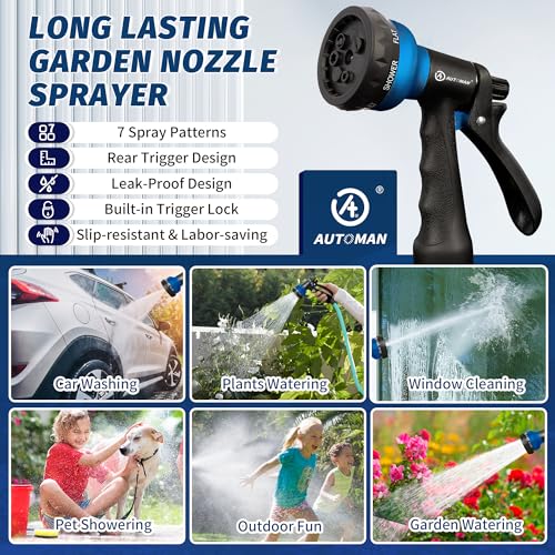 AUTOMAN-Garden-Hose-Nozzle, 2 Pack ABS Water Spray Nozzle with Heavy Duty 7 Adjustable Watering Patterns,Slip Resistant for Watering Plants,Lawn& Garden,Washing Cars,Cleaning,Showering Pets - Blue - color: Blue