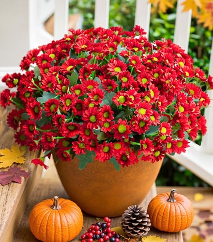 Daisy Artificial Flowers for Outdoors Autumn Fall Decoration, 6 Bundles Fake Mums Red Silk Flowers for Outside Look Real UV Resistant Fake Plants Faux Flowers for Planter Front Door Home Indoor Porch - color: Red