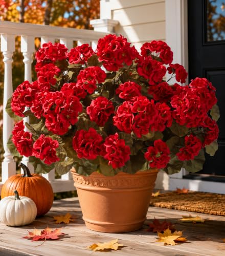 Fake Geraniums Burgundy Fall Flowers Artificial Flowers for Outdoors Autumn Decor, 6 Bundles Silk Geraniums Fake Plants Realistic UV Resistant Faux Flowers for Outdoor Planters Front Door Porch Yard - color: Fall Red