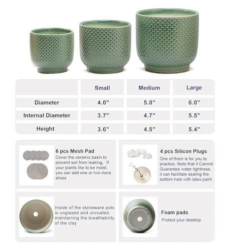 4 + 5 + 6 Inch Ceramic Pots for Indoor Plants, Succulents Plant Pots, Orchid Flower Pot with Drainage Hole, Modern Clay Stoneware Planters, Set of 3 (Green, 4+5+6 Inch) - color: Green