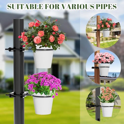 Hanging Flower Pots Holder, 2 Set Deck Railing Plant Container Holder with Pot, Pipe Clip Fence Planters Tray for Indoor & Outdoor Fence Balcony Patio Porch Railing