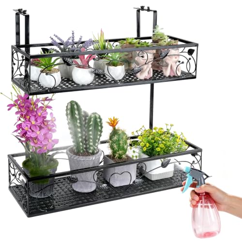 2-Tier Hanging Railing Flower Pot Holder with Adjustable Hooks