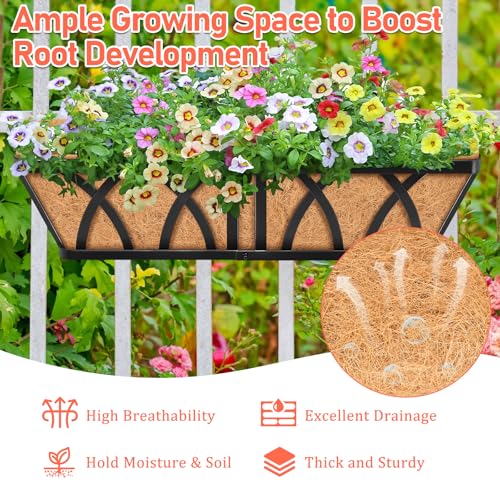 Riare 3 Pack 24 Inch Metal Railing Planter Window Box with Coco Liner- Adjustable Window Flower Boxes for Railings, Hanging Rail Planters for Deck, Balcony, Porch, Fence, Indoor Outdoor Plants - size: 24in