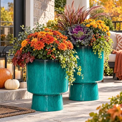 Autodaya 16.8" Faux Ceramic Planters for Outdoor Indoor Plants, Flower pots - color: 16.8"-teal Glazed & Black Rim