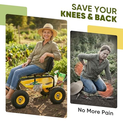 Sekey Garden Cart Rolling Workseat with Backsupport & 360° Swivel Seat, Heavy Duty Garden Scooter with Adjustable Height, Tool Tray, All-Terrain Wheels, 440 lbs Capacity for Seniors & Gardeners - size: 500LBS