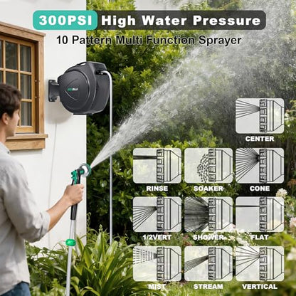 Retractable Garden Hose Reel, 65FT +6FT 5/8" Durable Wall Mounted Water Hose Reel with 180° Swivel Bracket, 9 Pattern Sprayer, 6Ft leader hose,Smooth Automatic Rewind, Any Length Lock. - size: 65Ft x 5/8"