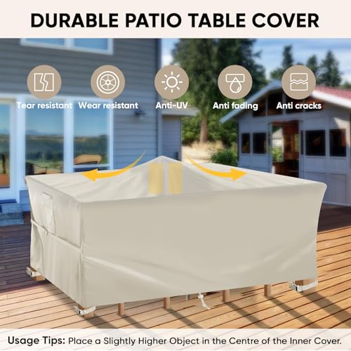 BALEINE Patio Furniture Covers Waterproof, Heavy Duty Outdoor Table Cover - color: Beige, size: 124"L×74"W×30"H