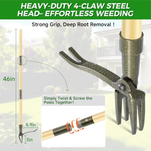 Stand Up Weed Puller Tool with Bamboo Long Handle for Garden - color: Bamboo brown