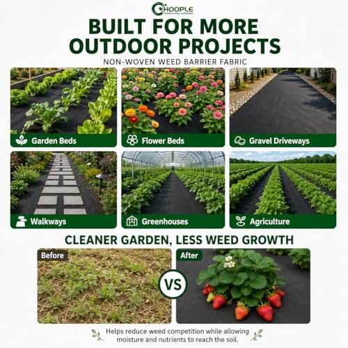 HOOPLE 3FT*50FT remium Landscape Fabric Weed Barrier, Durable & Heavy-Duty, Thick Weed Barrier Fabric, Easy Setup & Superior Weed Control (with 20 pcs Garden Stakes) - size: 3.2 oz – 3 ft x 50 ft