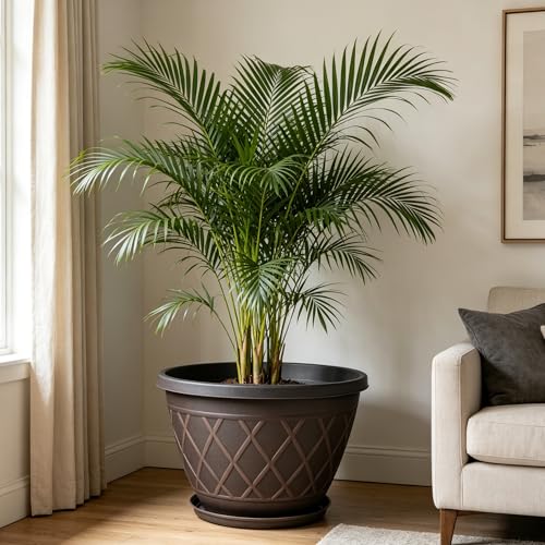 4 Pack 16 Inch Large Plastic Plant Pots with Drainage Holes & Saucers - color: Plaid Pattern-brown, size: 16 Inch - 4Pack