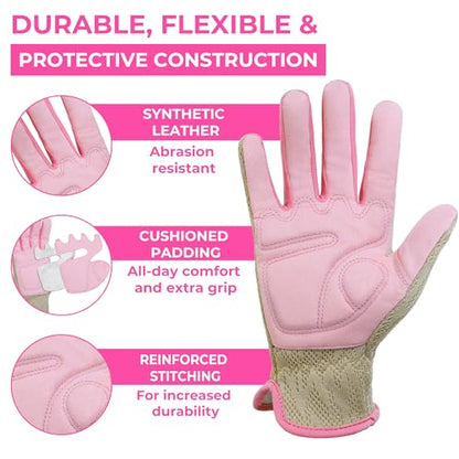 HANDLANDY Gardening Gloves for Women, Leather Garden Glove, Gardener Gift - color: Pink Khaki, size: Small (Pack of 1)