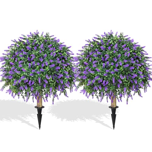 HyeFlora 26'' Artificial Topiary Boxwood Ball Trees with Lavender 2 Pack Fake Plants for Outdoor Indoor Artificial Shrubs with Ground Spike UV Resistant Fake Bushes for Front Porch Garden (Purple) - color: Ball Shaped-purple Lavender