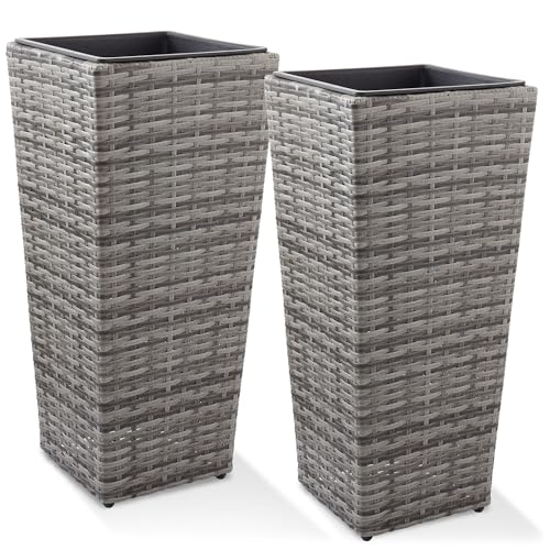 Casafield Set of 2 All-Weather Outdoor Planters with Liners, Tall Tapered Plant Boxes with Flower Pots for Front Porch, Patio, Garden - Gray - color: Gray