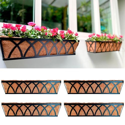 LaLaGreen Wall Planters (4 Pack, 36 Inch) Black Metal Rectangular Hanging Flower Box Window Boxes Planters with Coco Liner Rustic Flower Basket Plant Holder Deck Rail Railing Patio Large Balcony Fence - size: 36" (91cm) x 4 pack