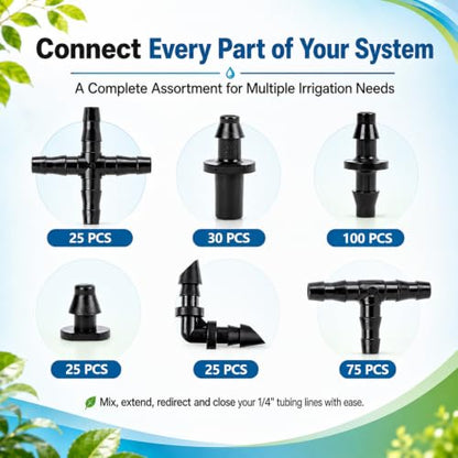 RAINFLOW Drip Irrigation Fittings Kit 1/4 Inch – Barbed Connectors, Tees, Elbows, End Plugs and Couplings, Tool-Free Drip Irrigation Parts for Garden, Greenhouse and Lawn Watering Systems