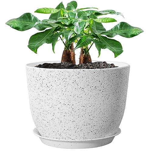 UOUZ 12inch Large Plant Pot, Modern Plastic Planter with High Driange Holes and Saucer for Indoor Outdoor Garden Plants and Flowers, White Speckles - color: White Speckles