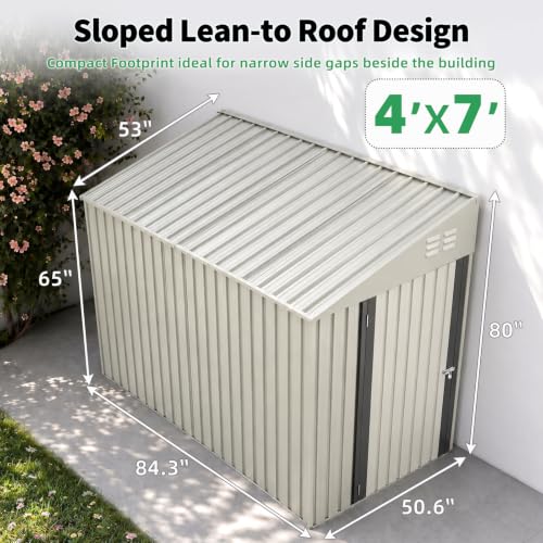 AECOJOY Shed Outdoor Lean to Storage Shed, 4.2' x 7' Small Metal Wall Side Door Sheds & Outdoor Storage, Outdoor Storage Cabinet for Garden, Backyard and Outdoor Use in White - color: White, size: 4' x 7'