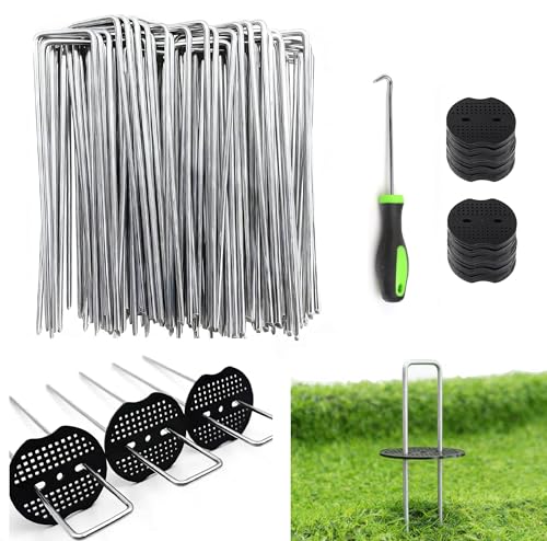 10 Inch 100 PCS Galvanized Landscape Staples with 100 PCS Gasket, Landscape Fabric Pins Stakes Lawn Ground Cover Graden Staples Spikes Weed Barrier Stakes - size: 10" 100 Pack