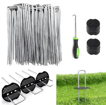 10 Inch 100 PCS Galvanized Landscape Staples with 100 PCS Gasket, Landscape Fabric Pins Stakes Lawn Ground Cover Graden Staples Spikes Weed Barrier Stakes - size: 10" 100 Pack