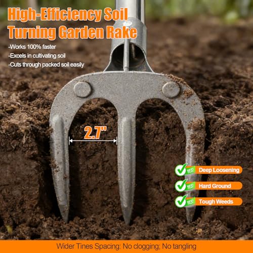 78" Long Handle Garden Rake, No Bend Standing Weeding Tool, Heavy Duty 3-Tine Cultivator with Carbon Steel Head, Hand Tiller for Digging, Loosening Soil & Planting