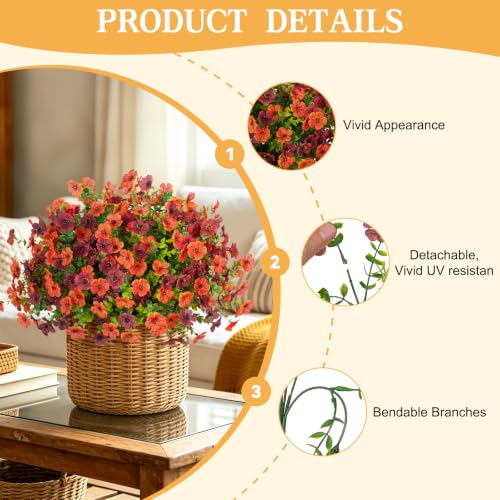ADXORA 12 Bundles Fake Artificial Mums Fall Flowers for Outdoor Decoration - color: A3-green Leaves-brown, Orange