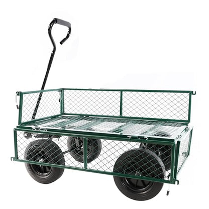 Metal Utility Wagon with 10" Solid Large Wheels 500 Lbs Capacity Heavy Duty Wheel Barrow Mesh Steel Garden Wagon Cart Dump Cart Pullable with 180° Rotating Handle Removable Sides (Green) - color: Green