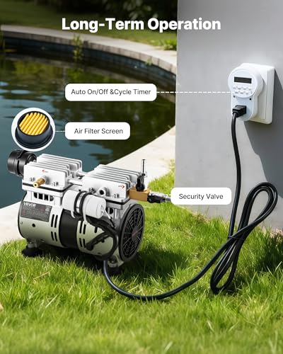 VEVOR Pond Aerators, 5.2CFM Aeration System for Lake up to 3 Acres, 3/4 HP Air Compressor, 2 Diffusesr & Two100' Weighted Tubings, Aeration Pump for Outdoor Ponds & Lakes Deep Water Oxygen Circulation - size: 5.2CFM+2 Nano diffusers