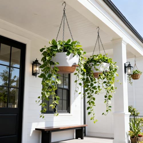 UOUZ 13 Inch 2 Pack Large Self Watering Hanging Planters for Indoor Outdoor Plants, Hanging Plant Pots with Removable 50 Oz Reservoir, Plastic Hanging Basket for Window Porch Garden, White with Brown - color: White With Brown