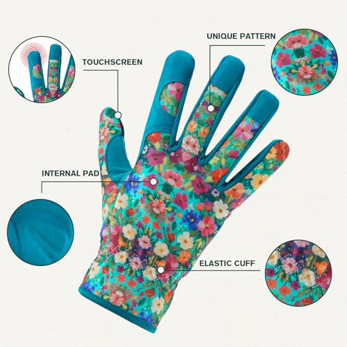 Gardening Gloves for Women, Touchscreen Printed Thorn-Proof - color: Floral 2, size: Large