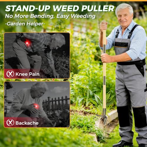 Stand Up Weed Puller Tool with Bamboo Long Handle for Garden - color: Bamboo brown