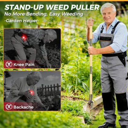 Stand Up Weed Puller Tool with Bamboo Long Handle for Garden - color: Bamboo brown