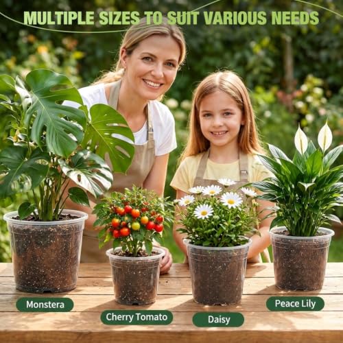 16 Pack 10/7/6/5 Inch Clear Nursery Pots with Drainage Holes, Large Clear Plastic Pots with Plant Labels, Nursery Pots for Seedlings, Herbs, Vegetables, Flowers