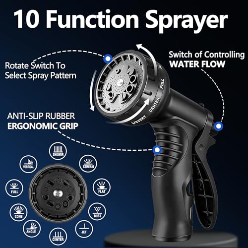 Flexible Garden Hose 25 FT, Ultra Lightweight Water Hoses 25FT w/10 Function Sprayer and 3/4" Brass Fittings, Kink-Free, Sturdy, Abrasion Resistant for Yard, Lawn, Outdoor and Gardening(Black)