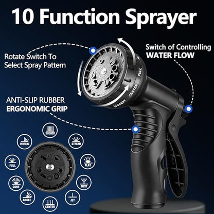 Flexible Garden Hose 25 FT, Ultra Lightweight Water Hoses 25FT w/10 Function Sprayer and 3/4" Brass Fittings, Kink-Free, Sturdy, Abrasion Resistant for Yard, Lawn, Outdoor and Gardening(Black)
