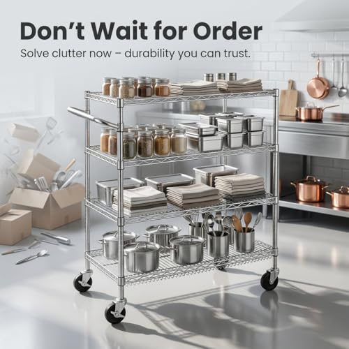 Finnhomy 4 Tier Heavy Duty Commercial Grade Rolling Cart with Handle Bar, Metal Wire Utility Cart with Wheels, Service Trolley on Wheels, Shelf Size 18" D x 30" W, NSF Listed, Chrome - size: 30"L x 18"W x 46.4"H-4 Tier, style: Chrome Cart