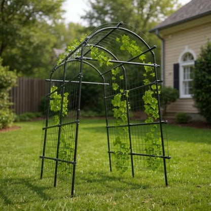 Metal Garden Arch Trellis, 7.6Ft Black for Raised Beds, Plant Support for Cucumbers & Climbing Vegetables with 9 Horizontal Pipe - size: 7.6x6x3.8 Ft - 9