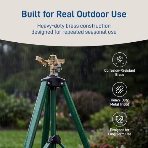 Orbit 1/2 Inch Brass Impact Sprinkler - Adjustable Metal Tripod - Long Range Lawn Watering System - 360 Degree Rotating Sprinkler - Heavy Duty Irrigation System - Adjustable 22-48 Inch Height - 58308 - style: Brass Impact Sprinkler