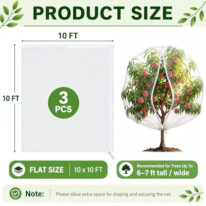 3 Pack 10x10 ft Large Fruit Tree Netting Covers with Zipper & Drawstring - size: 10x10 ft